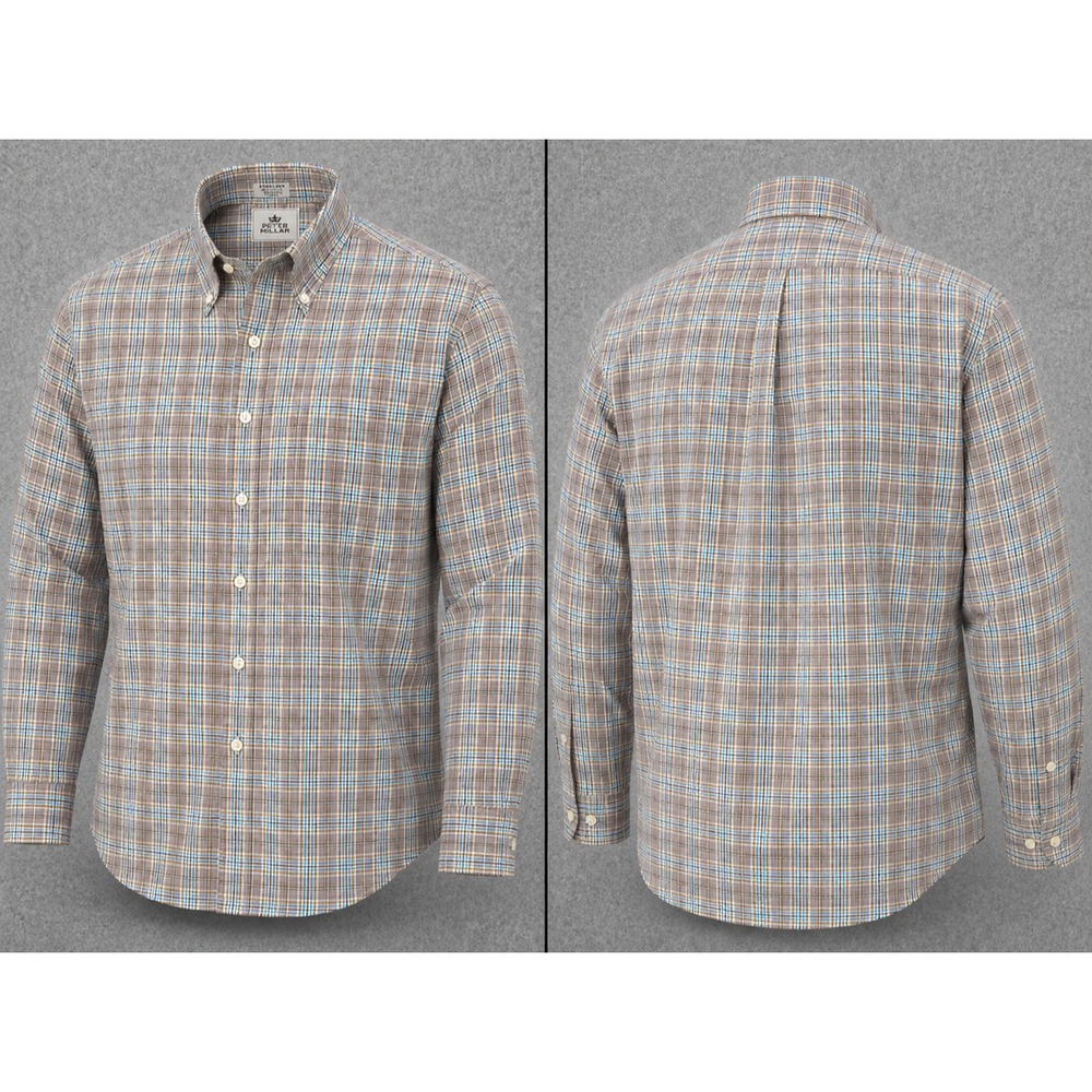 Peter Millar Shirt Mens XL Blue Brown Plaid Long Sleeve Oxford Preppy Golf